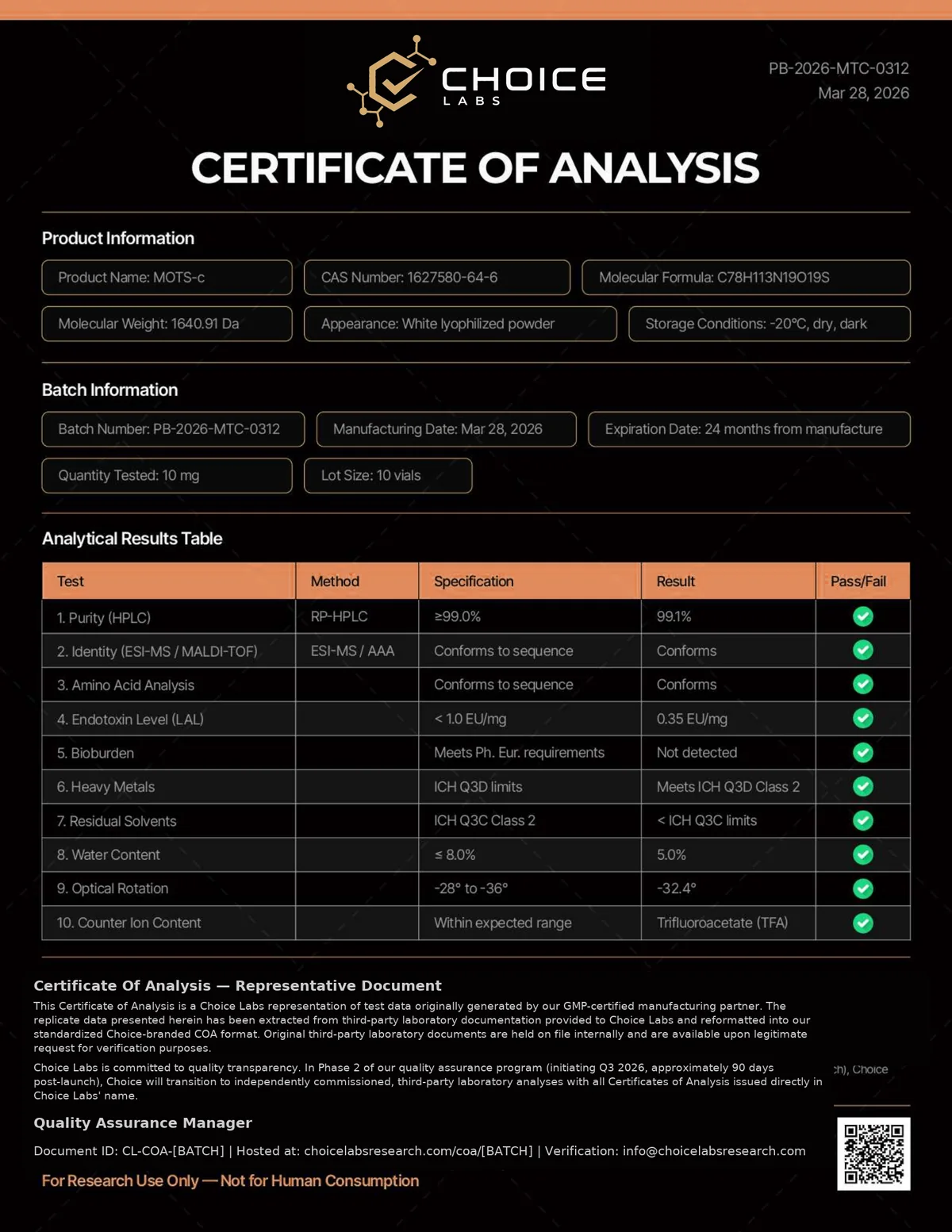 MOTS-C 10mg certificate of analysis